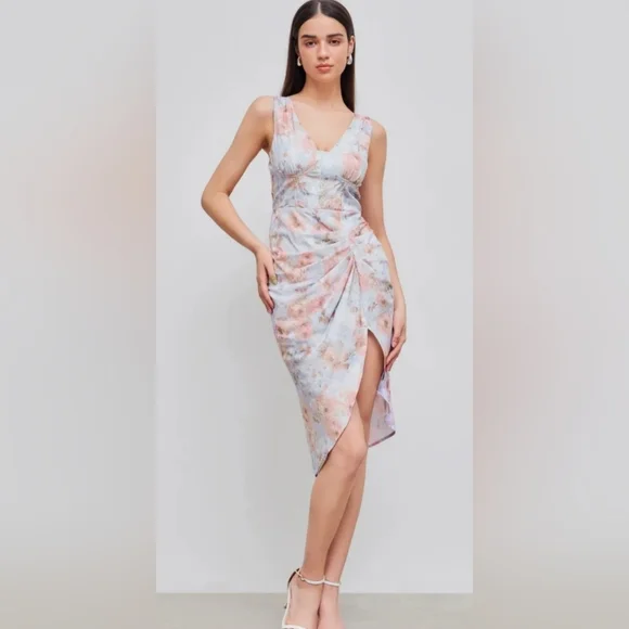 CIDER Illusion Ruched Floral Midi Dress. Size L. NWT - Picture 7 of 10